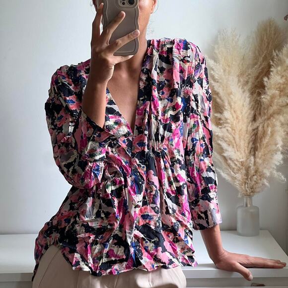IRO Bixie Wrap Effect Abstract Watercolor Abstract Blouse Shirt Pink Size 38 - Picture 1 of 7